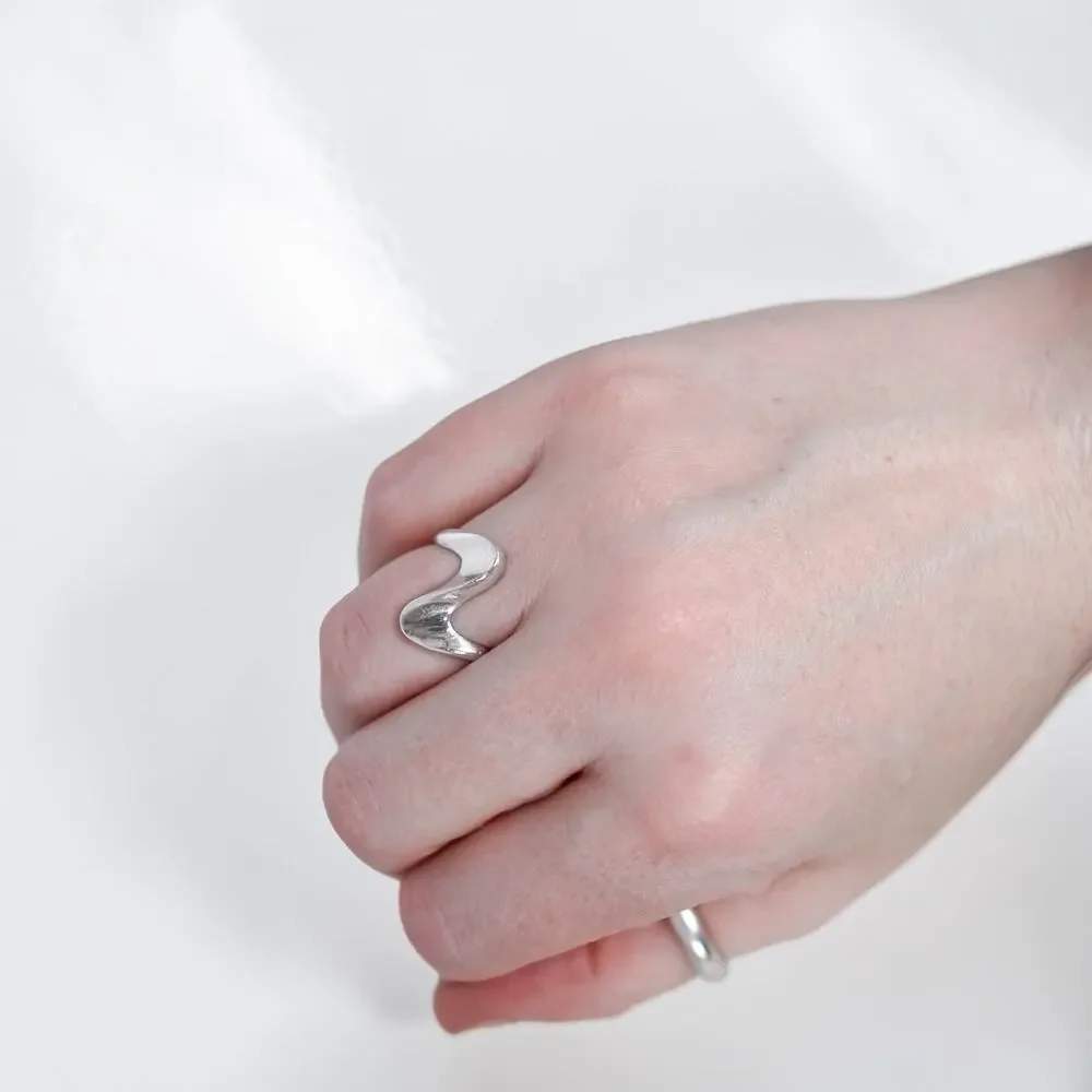 Sterling Silver 925 Wave Ring Adjustable Size Vintage Geometric Statement